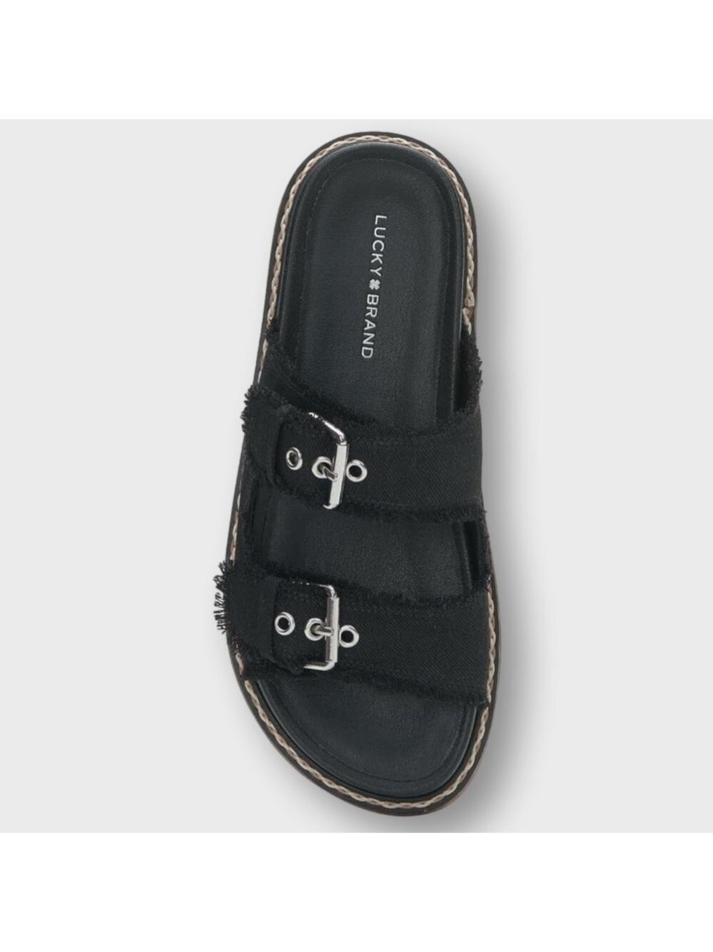 NWOB Lucky Brand Denim Alffie Slide Sandal Flat Size 8.5 Black Silver Buckles